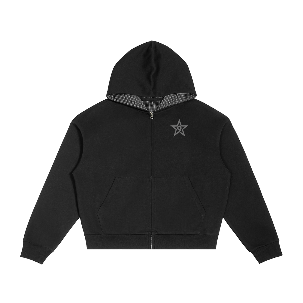 CONTRAST PLAID BOXY ZIP HOODIE